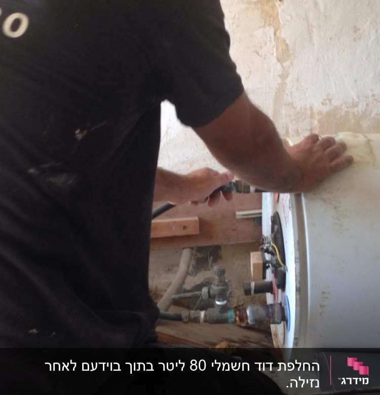 אדם עובד על דוד שמש עם כלים